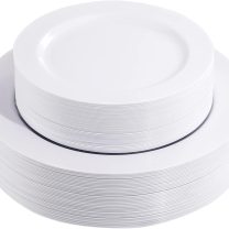 FLOWERCAT 60PCS White Plastic Plates - Heavy Duty White Disposable Plates for Birthday Party/Wedding -serve for 30 guests Include 30PCS 10.25" Dinner Plates & 30PCS 7.5" Dessert Plates for Party