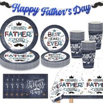 Happy Father's Day Party Tableware Supplies,Blue Best Dad Ever Tableware Include Plates,Napkins,Tablecolth,Cups and Glitter Banner for Father's Day Celebration Dinnerware Party Decoration(Serve 20)
