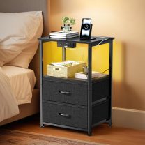 Nightstand with Charging Station and LED Lights, Small Night Stand for Bedroom with Fabric Drawer and Storage Shelf, End Table with Waterproof Top, Easy Assembly, Black